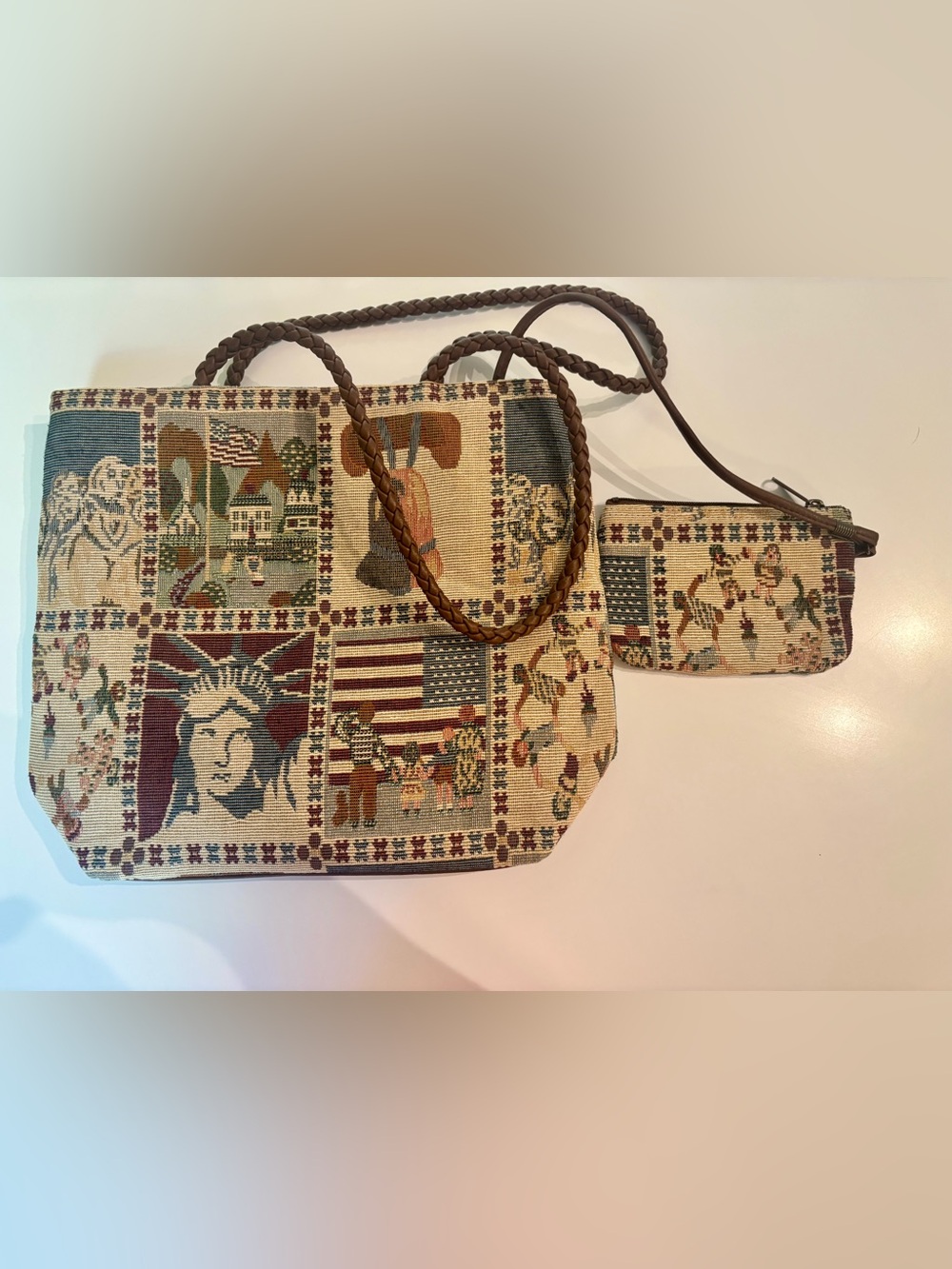 Vintage Woven Americana Tapestry Tote with Braided Handles